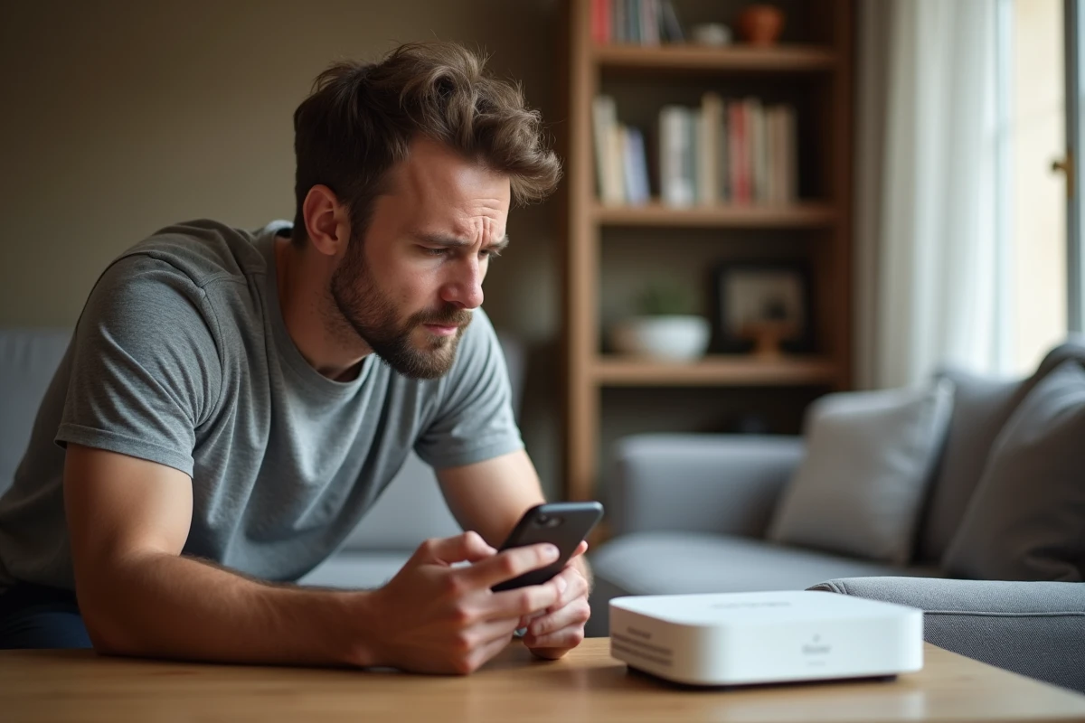 Homme vérifiant sa Freebox et cherchant à résoudre un problème de connexion WiFi