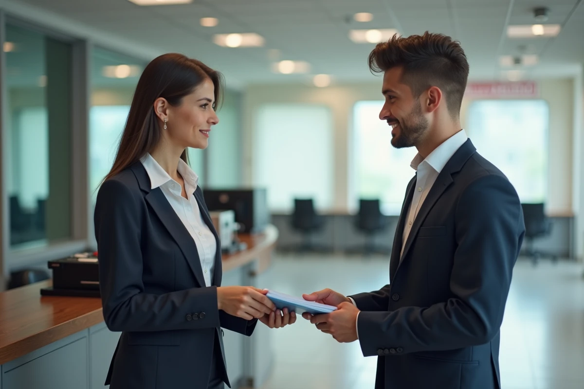 Jeune homme remettant dossier à un agent au guichet