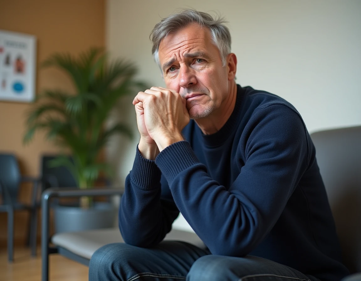 Homme fatigué assis dans une salle d'attente chez le médecin, illustrant les effets indésirables d'un dosage trop élevé de Levothyrox