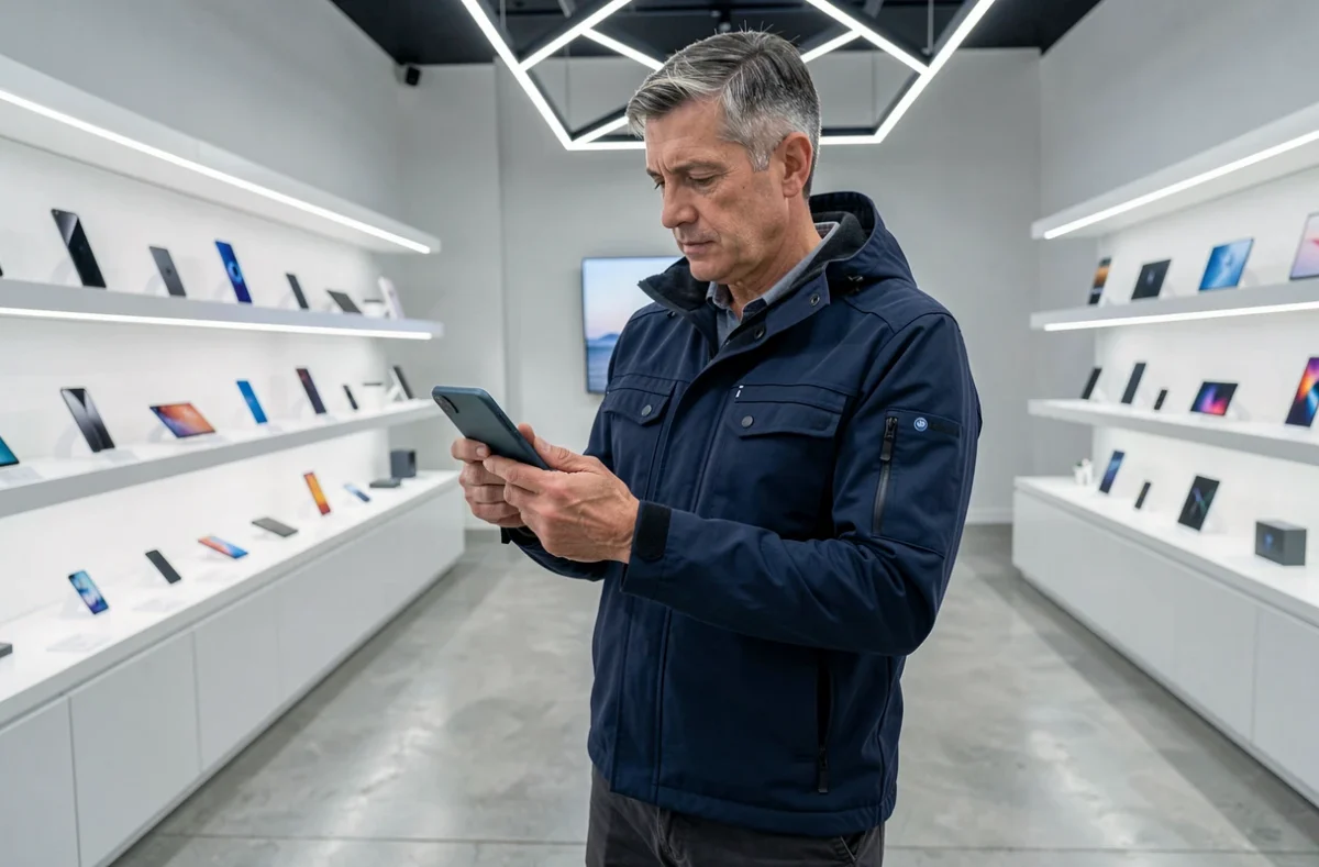 Homme examinant un smartphone pliable dans un showroom high-tech moderne en 2024