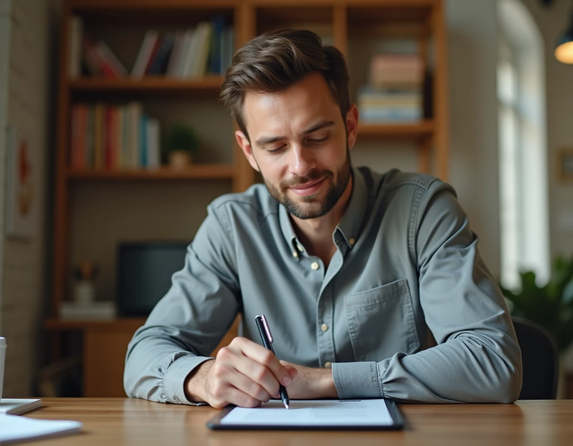 Homme utilisant une tablette tactile pour créer et apposer une signature électronique sécurisée depuis son bureau à domicile