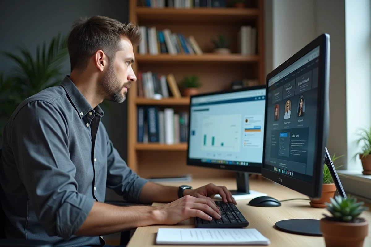 Homme en télétravail utilisant une plateforme d'emploi professionnelle sur deux écrans dans un bureau à domicile organisé