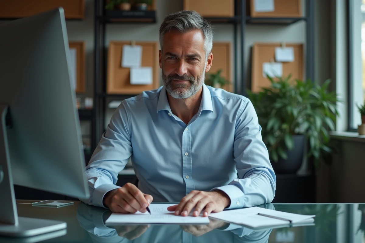 Homme concentré travaillant sur un ordinateur dans un bureau moderne