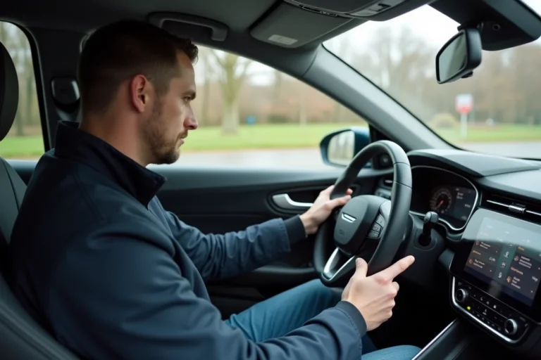 Homme en jeans et veste navy utilisant l'écran tactile dans une voiture moderne