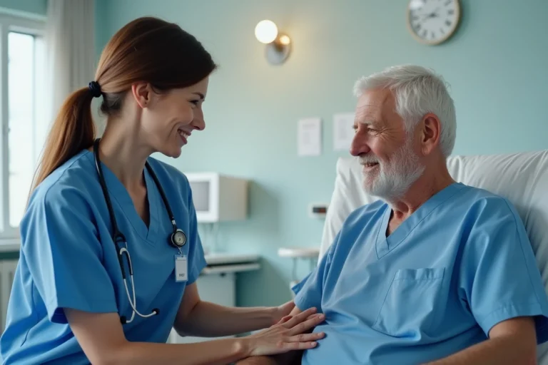 Infirmière rassurante avec patient âgé en milieu hospitalier