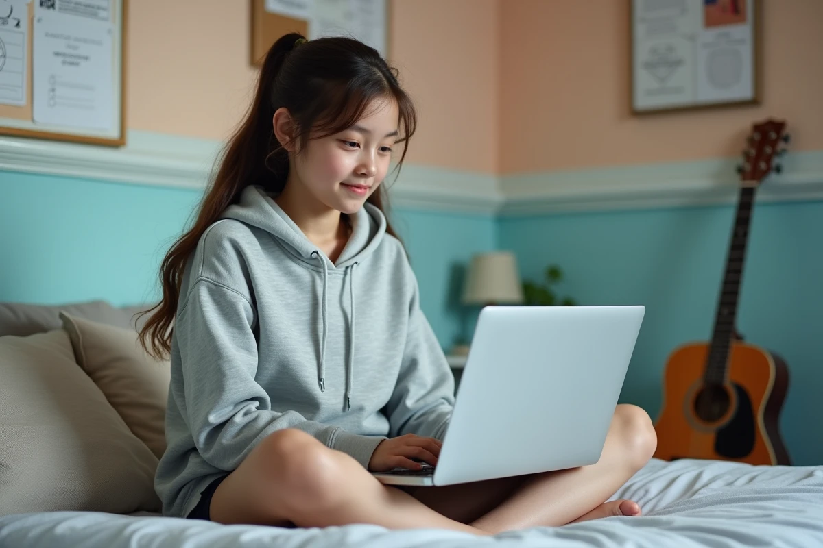 Adolescente inscrivant en ligne sa demande de BSR depuis sa chambre avec un ordinateur portable