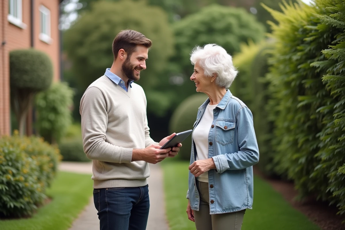 Jeune aidant discutant avec une personne âgée dans un jardin