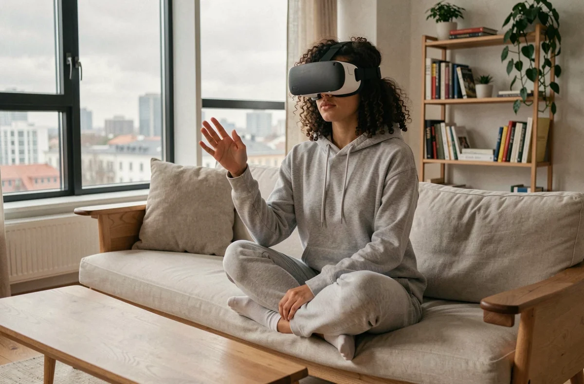Jeune femme portant un casque de réalité mixte dans un appartement moderne et minimaliste en 2024