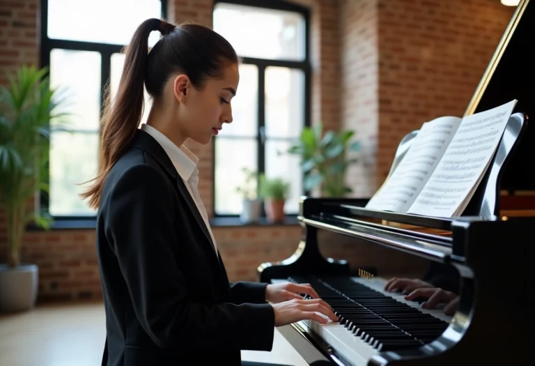 Jeune femme au piano avec tablette dans un loft moderne