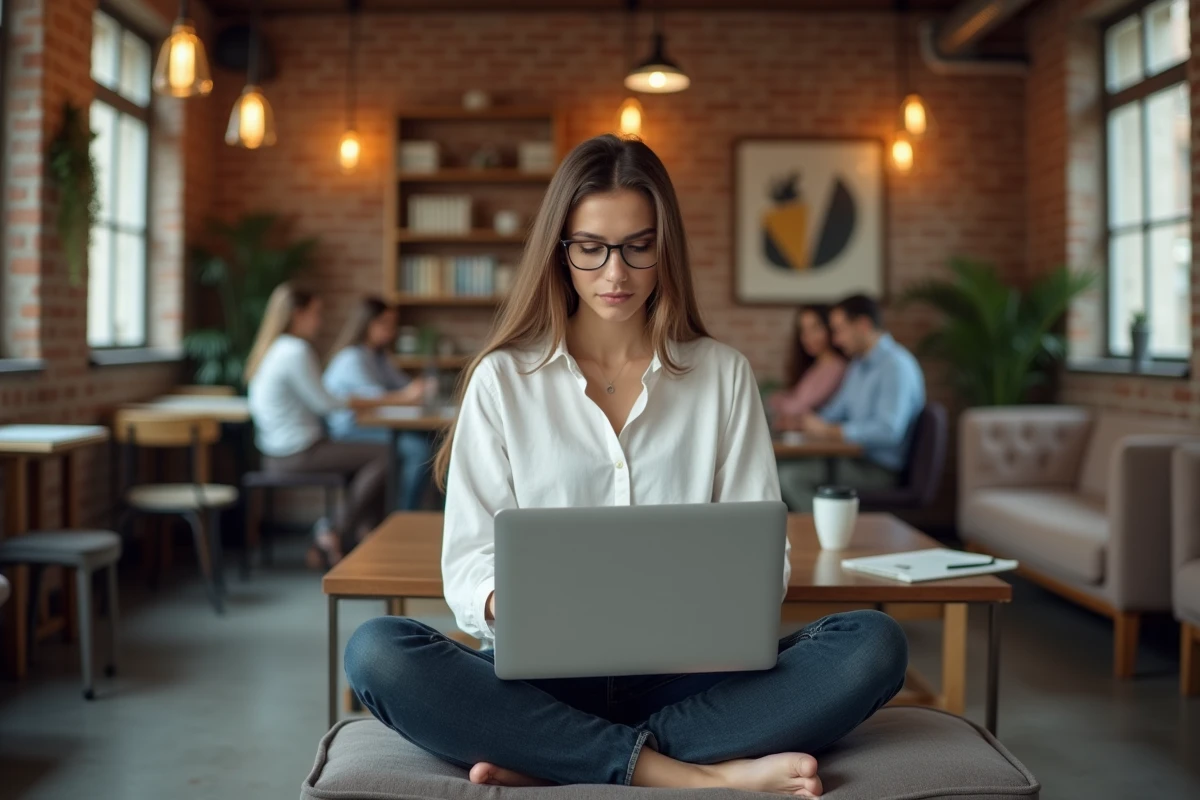 Jeune femme testant la navigation d'un site web sur laptop dans un espace de coworking pour évaluer l'expérience utilisateur