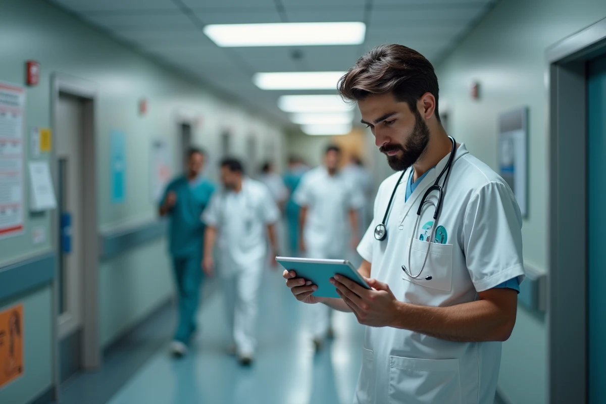 Jeune infirmier consultat avec tablette dans couloir hospitalier