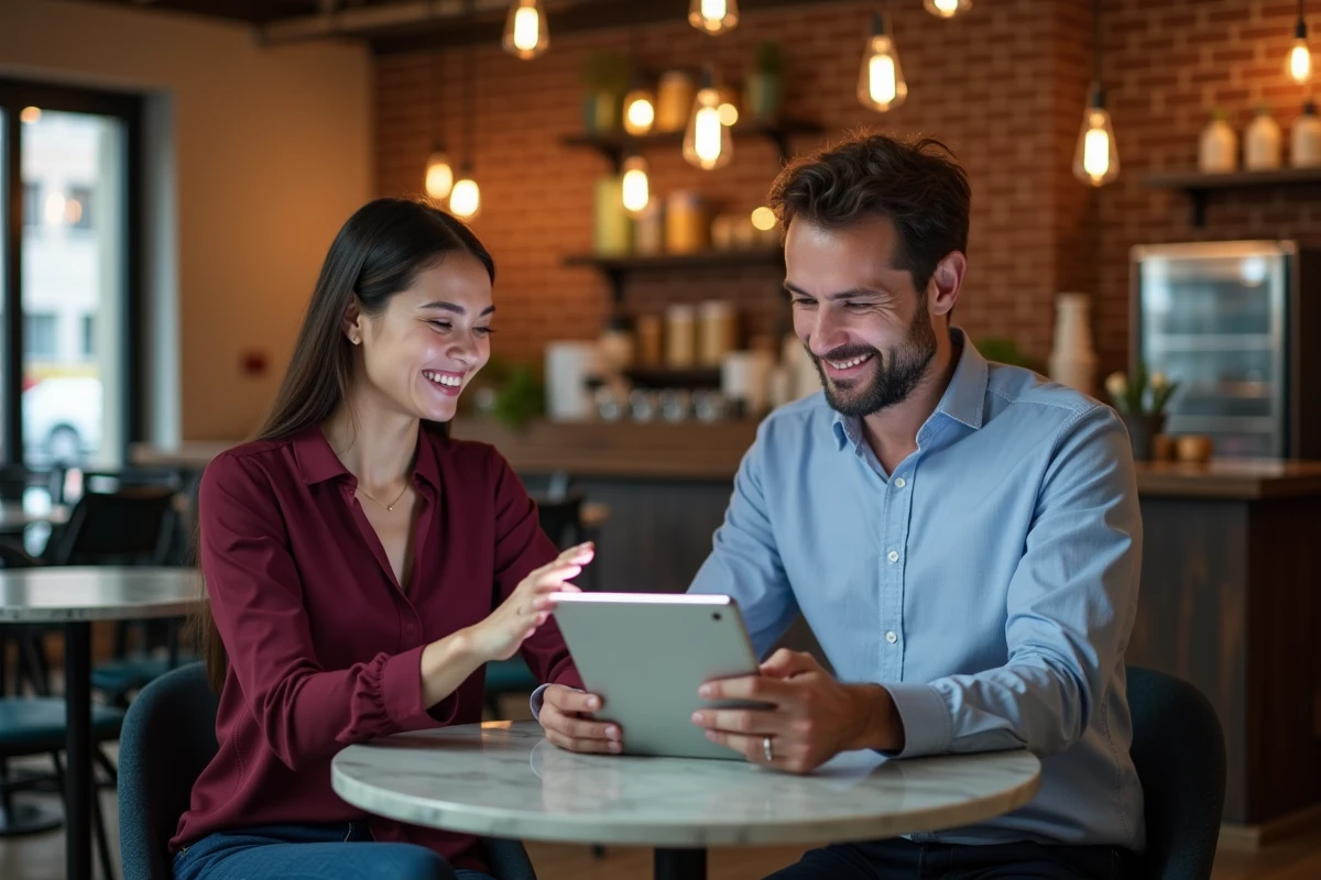 Deux jeunes professionnels discutant d'opportunités de carrière sur une tablette dans un café urbain moderne