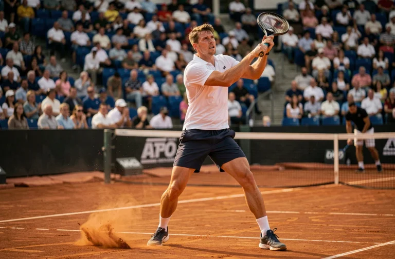 Joueur de tennis professionnel en plein service sur un court en terre battue lors d'un tournoi ATP