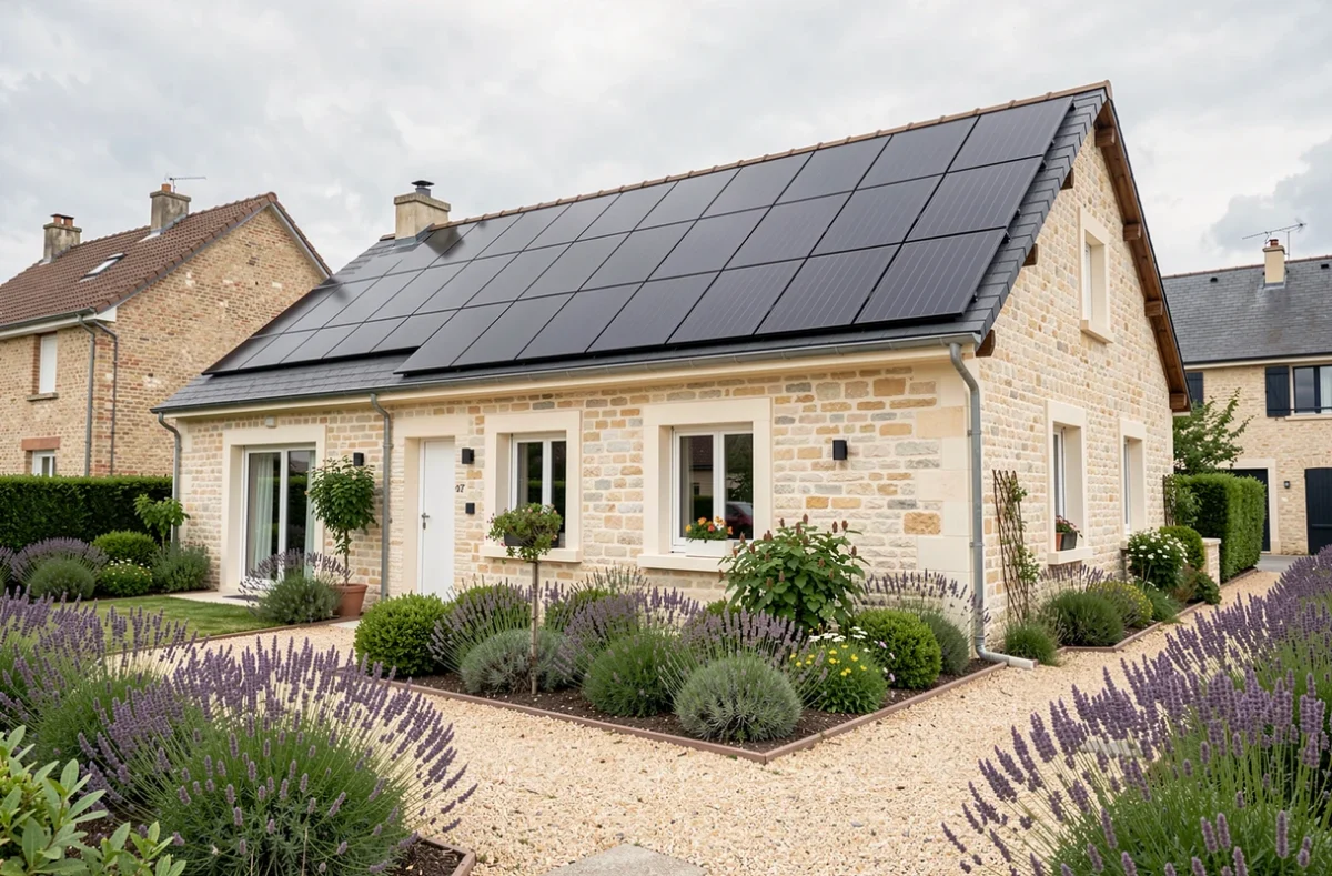 Maison individuelle avec panneaux solaires intégrés sur le toit dans un quartier résidentiel français