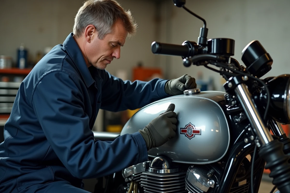 Mécanicien inspectant le grand réservoir d'une moto de tourisme longue distance en atelier
