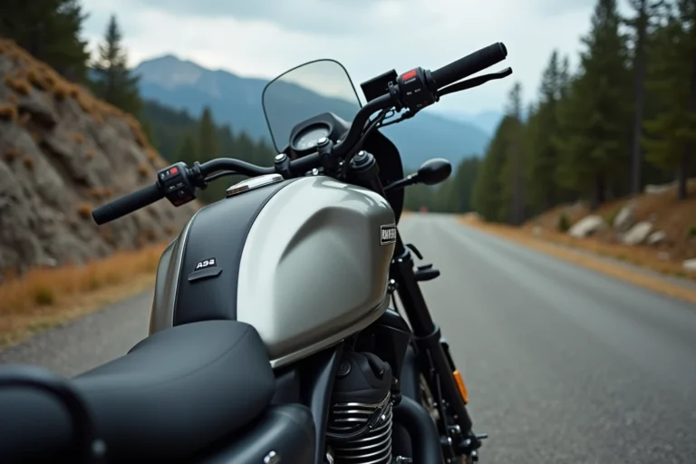 Moto d'aventure avec grand réservoir d'essence garée sur une route de montagne en 2024