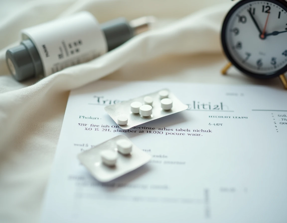 Nature morte éditoriale représentant une plaquette de comprimés de lévothyroxine, une ordonnance médicale et un réveil sur fond de lin, évoquant la gestion du dosage médicamenteux