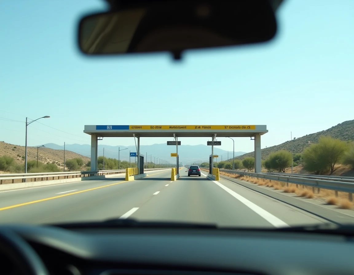 Péage d'autoroute gratuite en Espagne avec barrières levées et signalétique routière