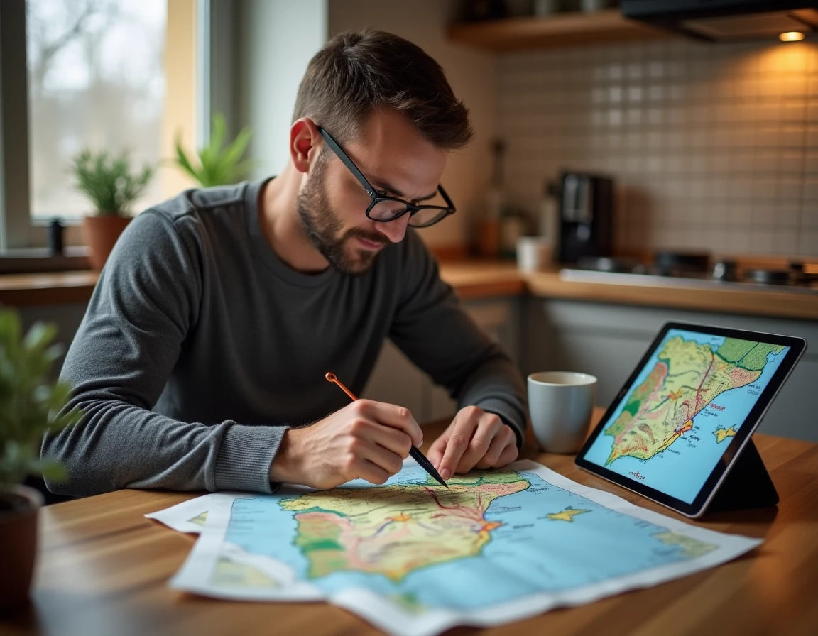 Homme planifiant un trajet sur autoroutes gratuites en Espagne avec carte et tablette