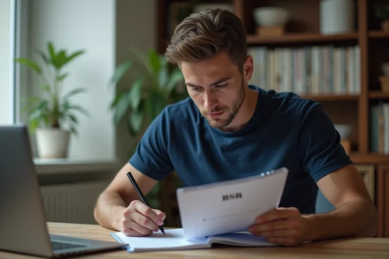 Jeune homme préparant le BSR en ligne depuis son bureau à domicile avec un cahier de notes et un ordinateur portable