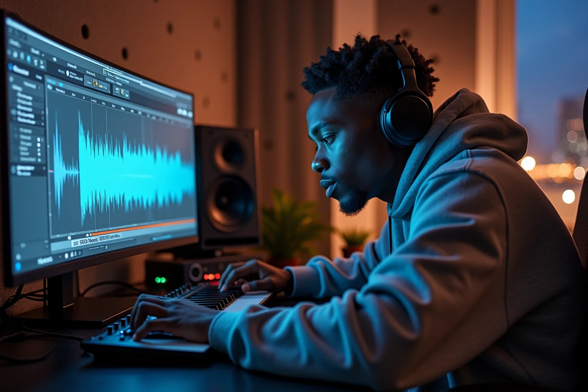 Jeune producteur de musique hip-hop concentré sur sa station de travail avec une forme d'onde 808 affichée sur l'écran de son studio maison