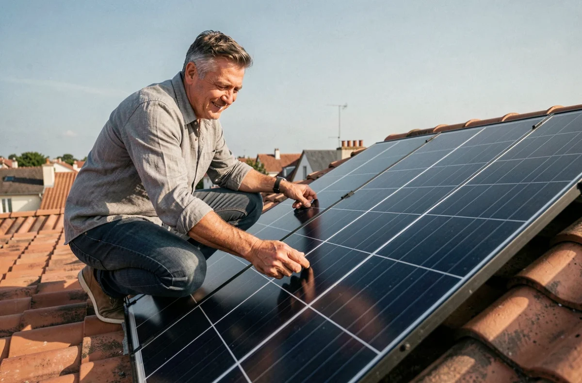 Propriétaire inspectant des panneaux solaires installés sur le toit de sa maison en France