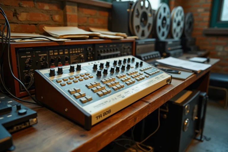 Roland TR-808 vintage sur un bureau de studio d'enregistrement entouré de câbles et de vinyles, avec des murs en brique apparente en arrière-plan
