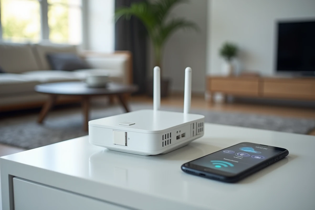 Routeur Freebox avec câble réseau débranché et smartphone affichant les paramètres WiFi pour un dépannage