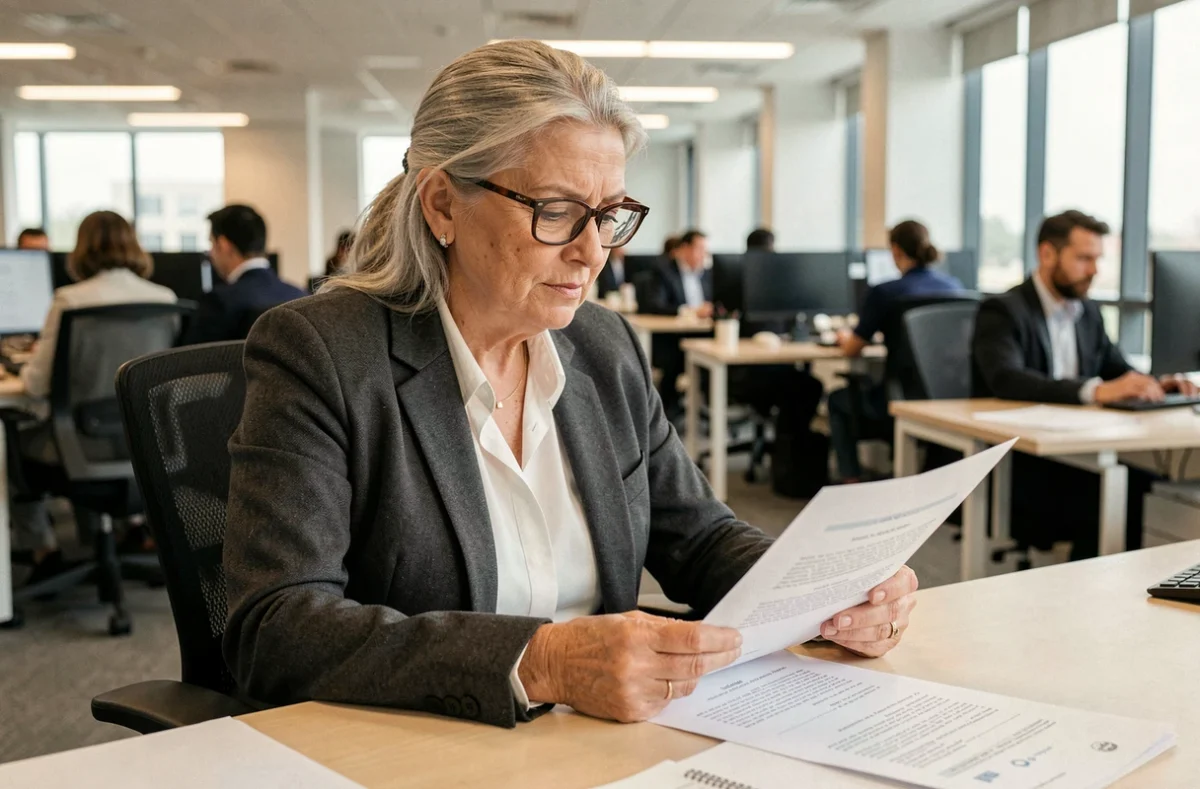 Une salariée senior en fin de carrière examine attentivement un contrat de départ à la retraite dans un bureau moderne