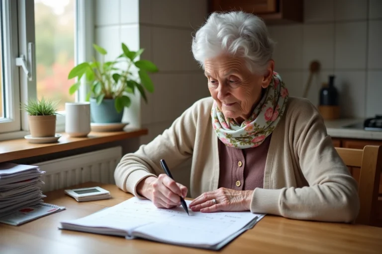 Femme senior regardant un calendrier dans la cuisine