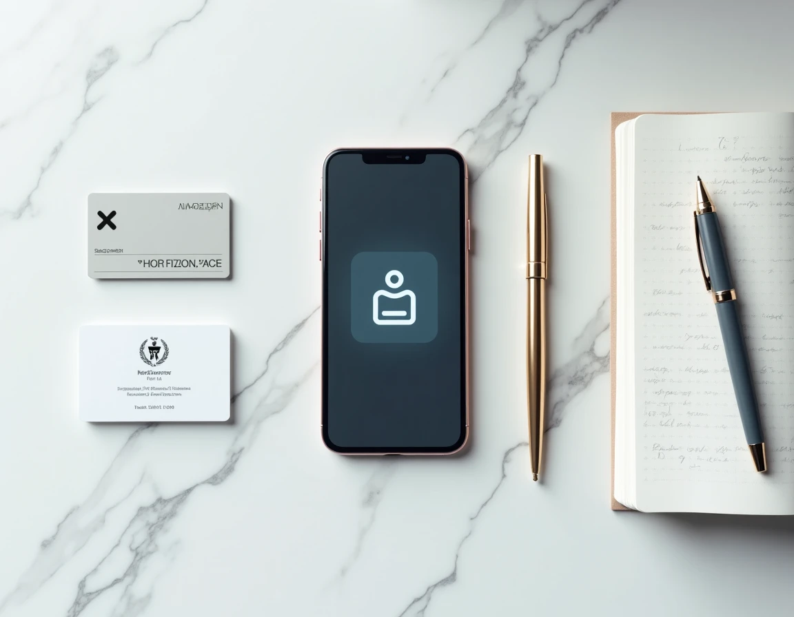 Vue aérienne d'un smartphone affichant une interface de signature électronique sécurisée posé sur un bureau en marbre avec des documents d'identité