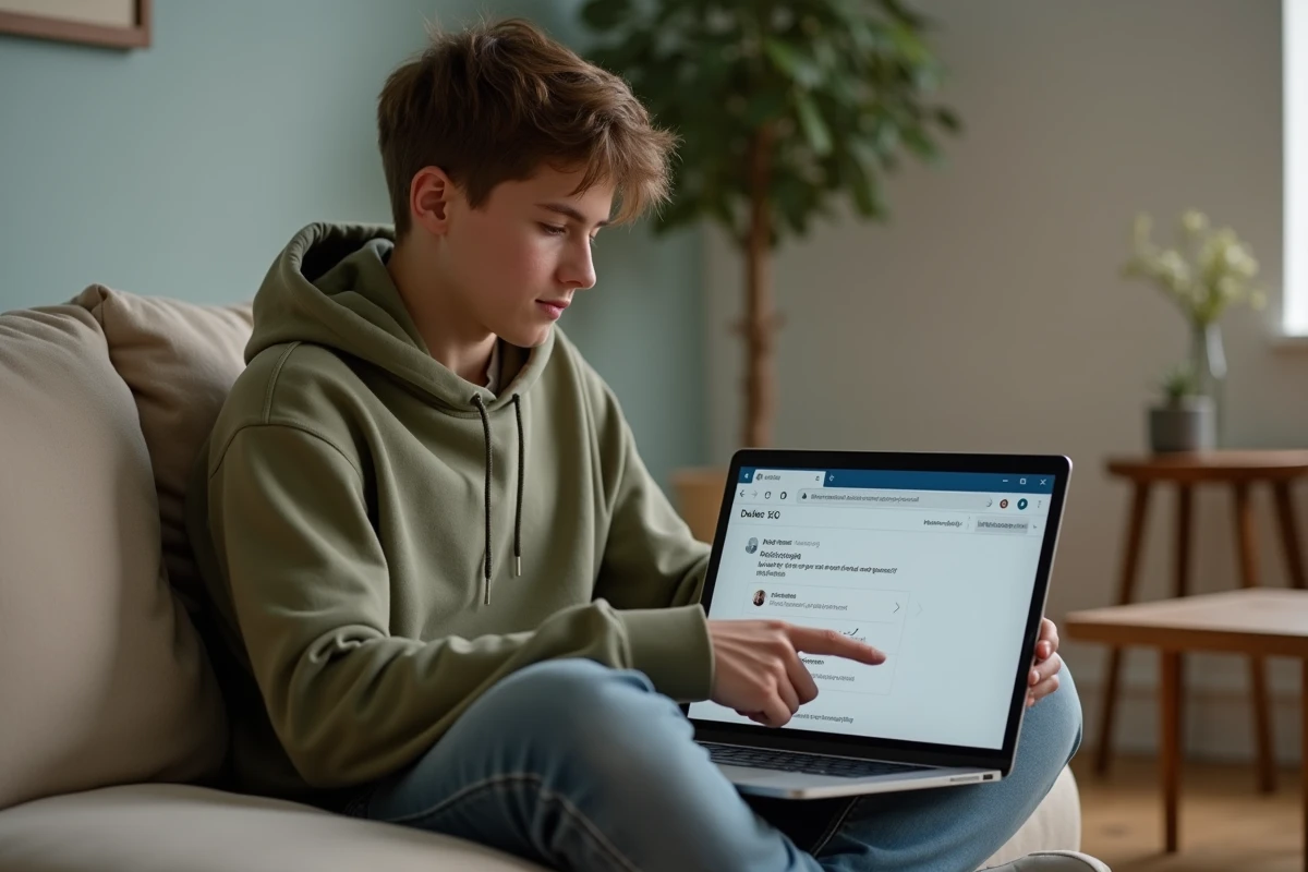 Jeune personne finalisant la suppression de son compte Leboncoin sur canapé avec un laptop