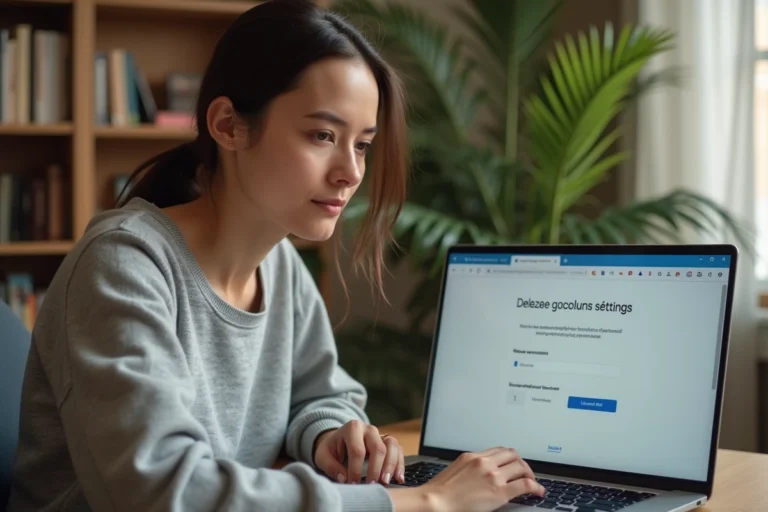 Femme supprimant son compte Leboncoin sur un ordinateur portable dans un bureau à domicile