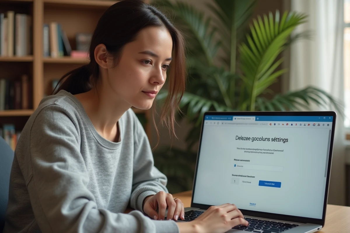 Femme supprimant son compte Leboncoin sur un ordinateur portable dans un bureau à domicile