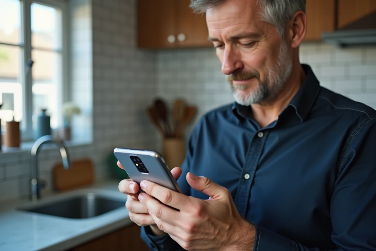 Homme supprimant son compte Leboncoin sur smartphone dans une cuisine moderne