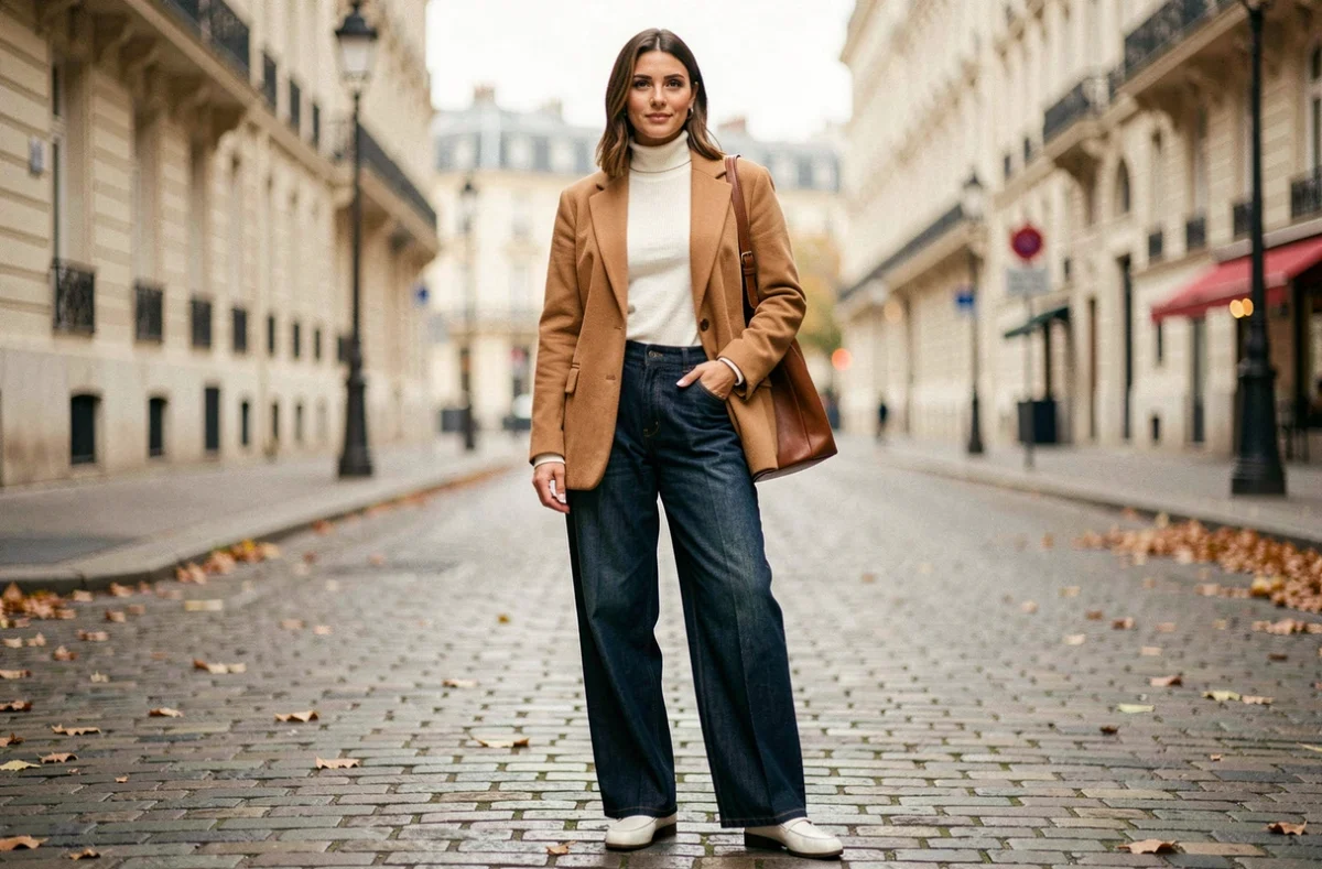 Femme élégante portant un blazer camel oversize et un jean large dans une rue pavée parisienne en automne, style tendance mode 2024