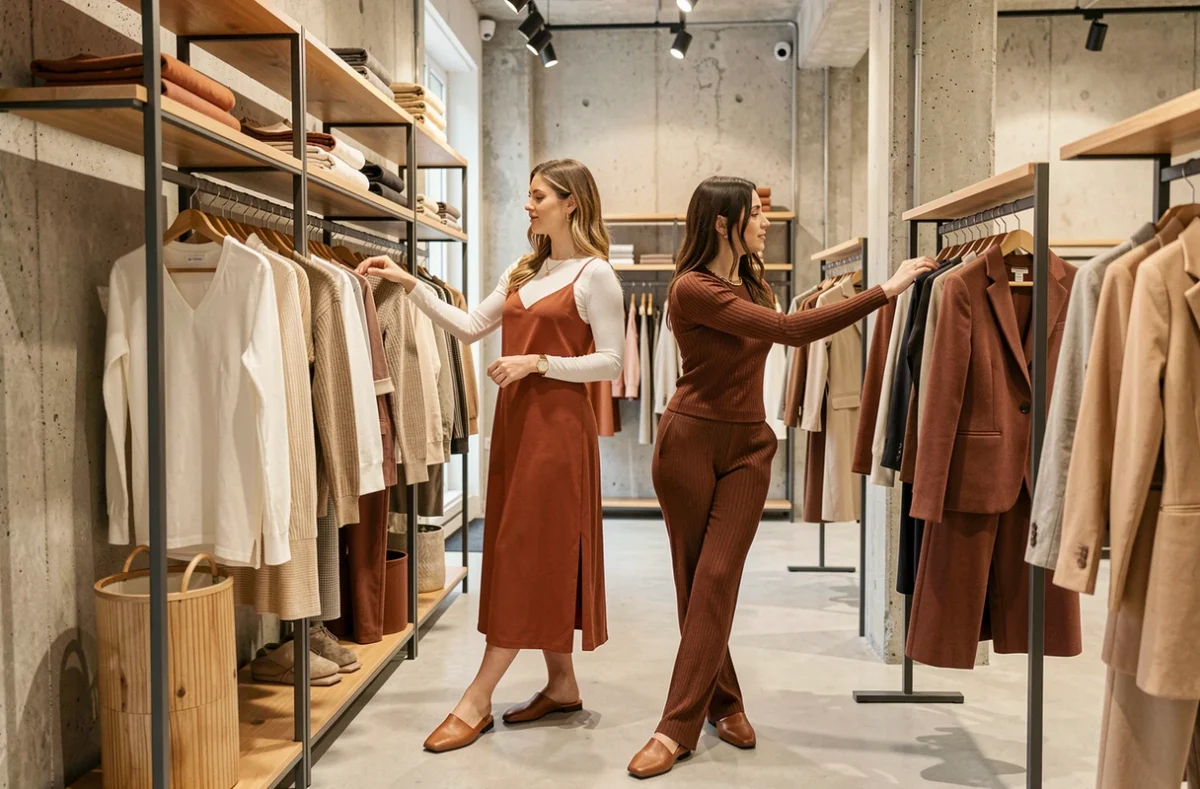 Deux femmes tendance feuilletant des vêtements dans un concept store minimaliste, looks mode automne-hiver 2024 en tons neutres et terracotta