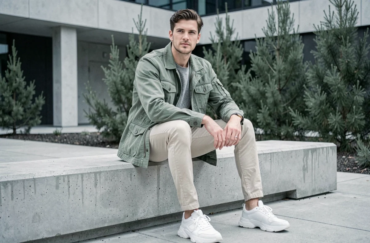 Homme jeune en veste utilitaire verte sauge et chino beige assis dans un parc urbain moderne, inspiration mode masculine tendance 2024