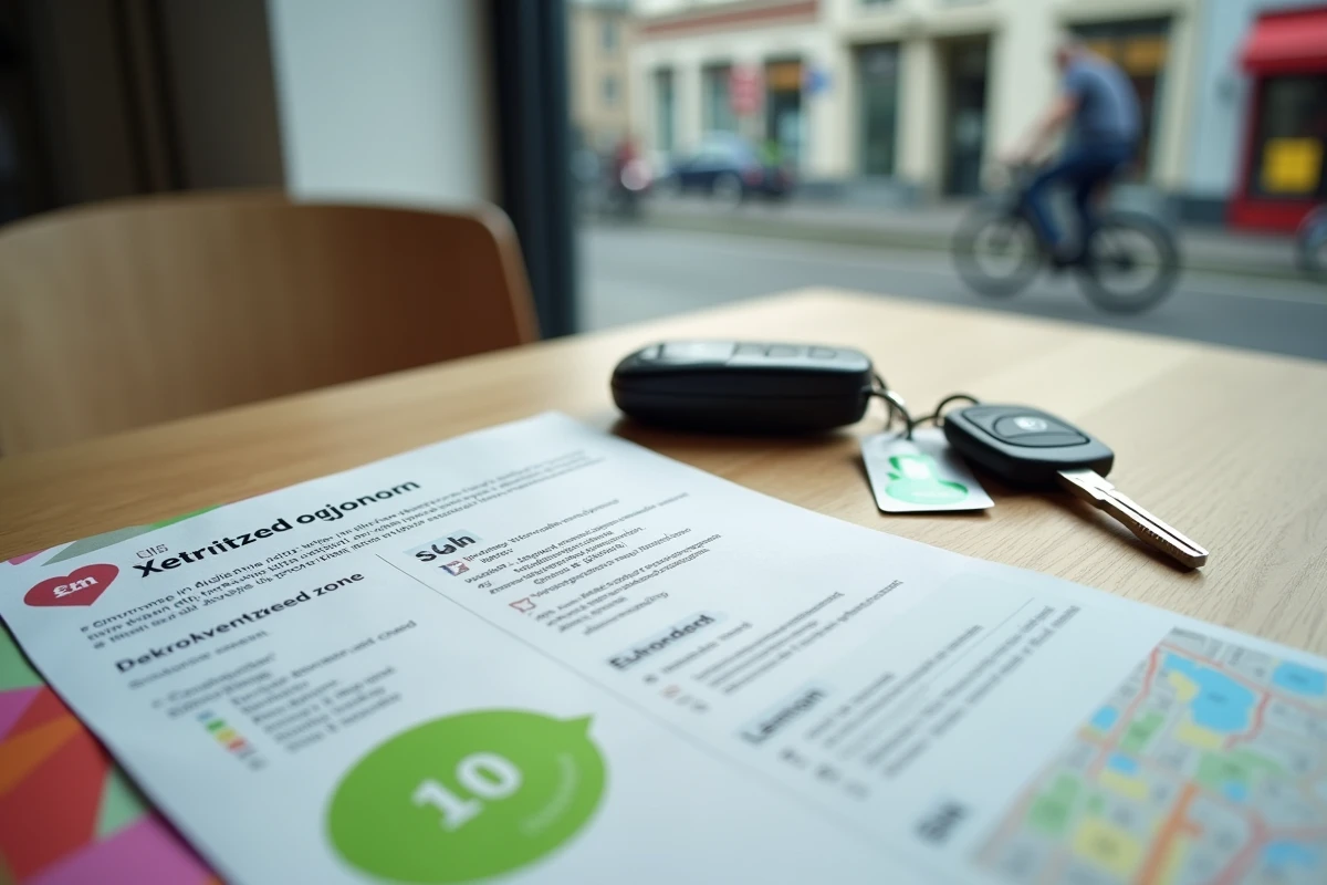 Gros plan sur une vignette environnementale et un document d'enregistrement de voiture néerlandais posés sur une table avec des clés de voiture et une carte d'Amsterdam