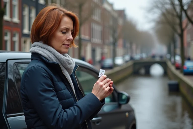 Femme tenant une vignette automobile devant une voiture garée dans une rue d'Amsterdam avec des maisons canal en arrière-plan