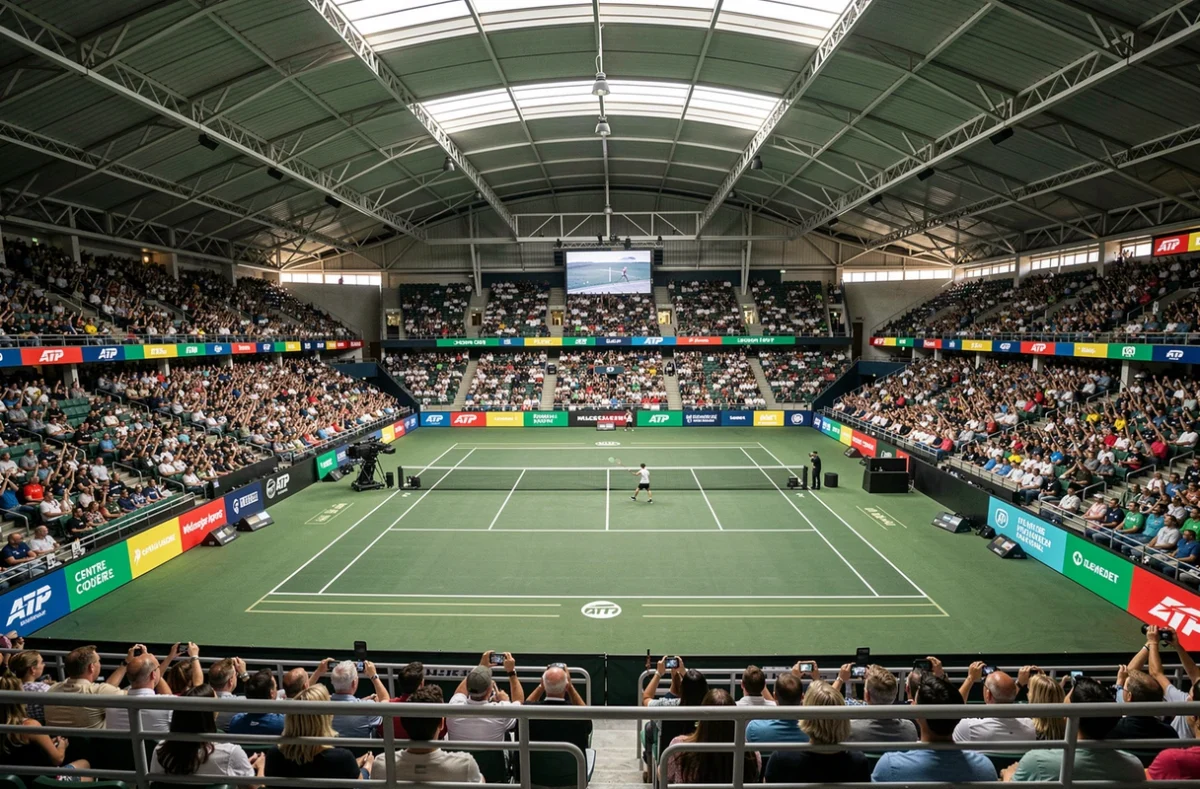 Vue panoramique d'un court central lors d'un grand tournoi ATP Masters 1000 avec des tribunes remplies de spectateurs