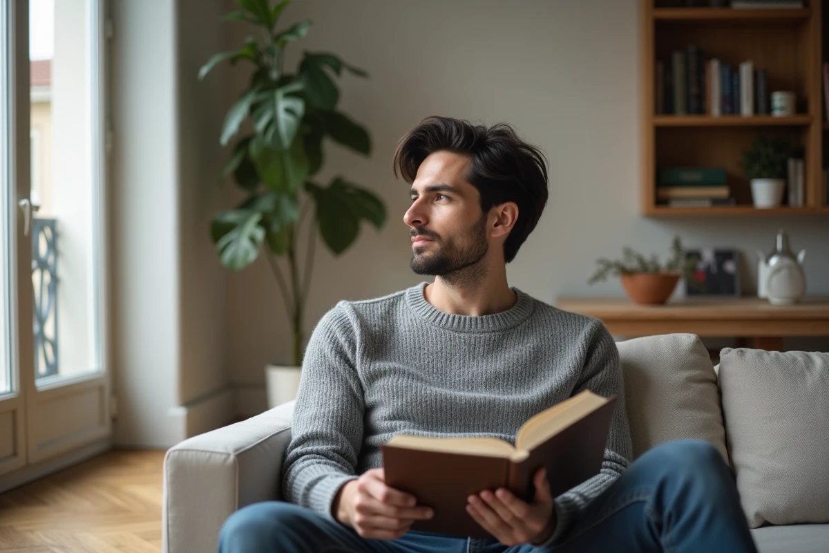 Jeune homme pensif dans un appartement parisien moderne, ambiance intime et domestique évoquant la vie de couple