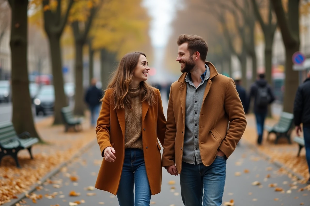 Couple complice se promenant main dans la main sur un boulevard parisien en automne, illustrant une relation amoureuse épanouie