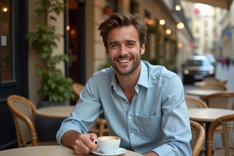 Jeune homme français souriant en terrasse de café parisien, ambiance romantique et décontractée évoquant la vie amoureuse