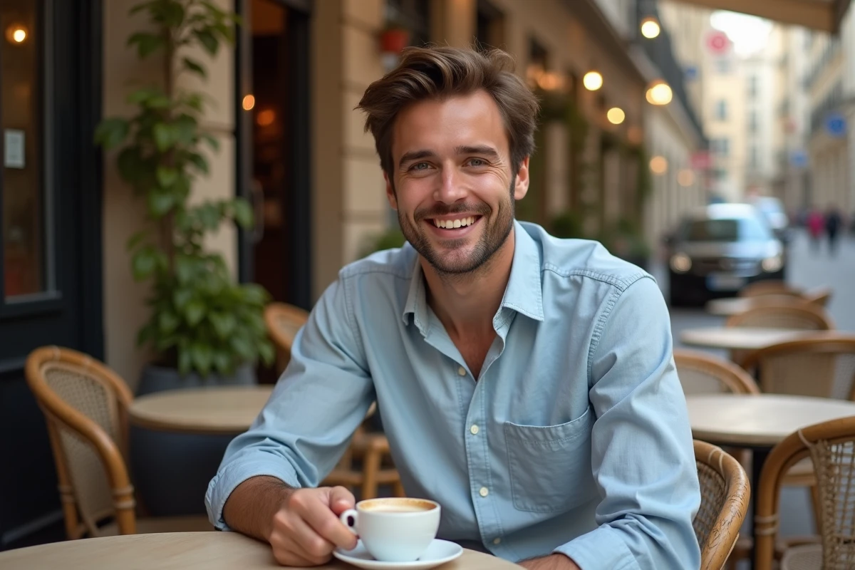 Jeune homme français souriant en terrasse de café parisien, ambiance romantique et décontractée évoquant la vie amoureuse